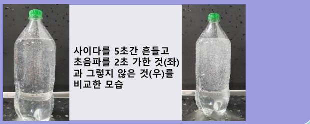 흔든 사이다 두 병 비교: 초음파를 2초 가한 병은 벽에 붙은 기포가 거의 없고, 그렇지 않은 병은 기포가 많이 붙어 있다